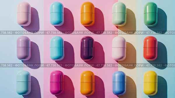 Colorful capsules arranged symmetrically on pastel backgrounds in vibrant hues. Разноцветные капсулы симметрично расположены на пастельных фонах ярких оттенков. Стоковое AI-изображение, AI-художник Katsiaryna Repich / Фотобанк Лори