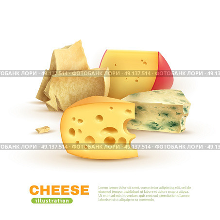 Colorful Cheese Template. Colorful cheese template with dorblu edam maasdam parmesan on white background isolated vector illustration. Стоковая иллюстрация, агентство Ingram Publishing / Фотобанк Лори