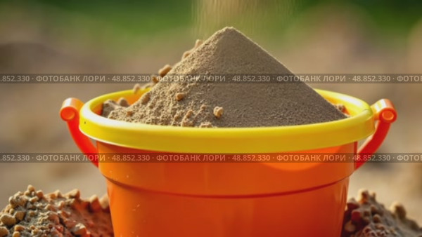 Colorful children toy bucket with sand stands in sandbox. AI Generative. Стоковое AI-видео, аниматор Spirit River / Фотобанк Лори