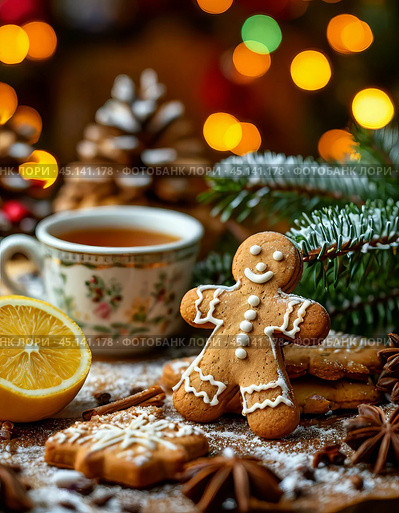 Colorful Christmas gingerbread and aromatic tea, New Year's table. Close-up, blurred background with twinkling lights. Стоковое AI-изображение, AI-художник Сергей Елизарьев / Фотобанк Лори