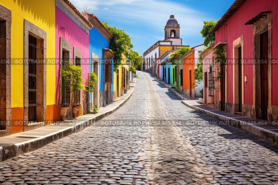 Colorful colonial houses lining cobblestone street in guanajuato, mexico. Стоковое AI-изображение, AI-художник Иван Рябоконь / Фотобанк Лори