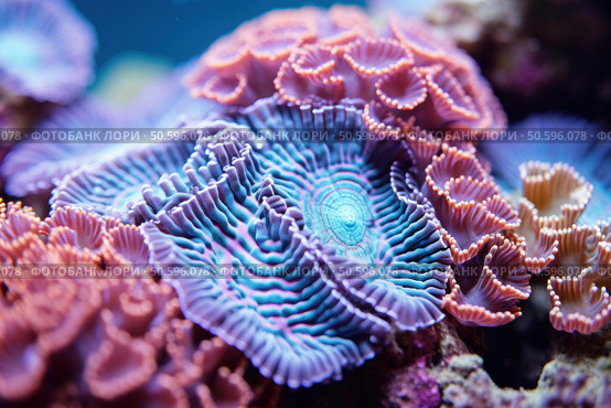 Colorful coral reef showing vibrant marine life ecosystem in aquarium. Стоковое AI-изображение, AI-художник Иван Рябоконь / Фотобанк Лори