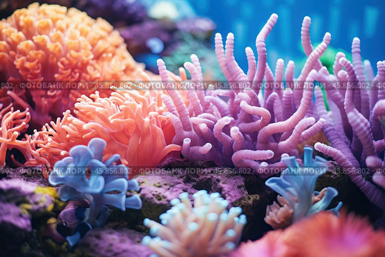 Colorful coral reef thriving in a vibrant underwater ecosystem. Стоковое AI-изображение, AI-художник Иван Рябоконь / Фотобанк Лори