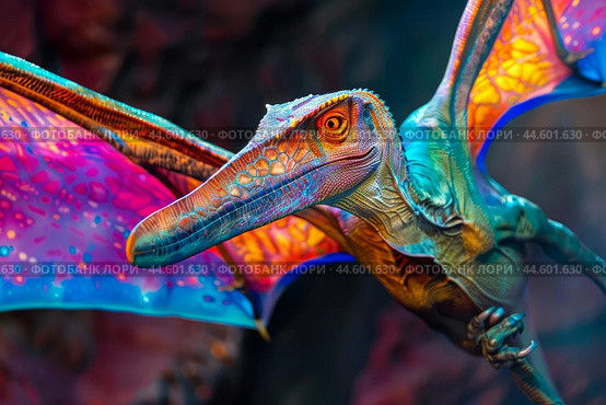 Colorful digital illustration of a prehistoric pterosaur with detailed textures. Стоковое AI-изображение, AI-художник Иван Рябоконь / Фотобанк Лори