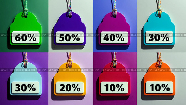 Colorful discount price tags with percentage discounts in grid layout. Стоковое AI-изображение, AI-художник Андрей Бакусов / Фотобанк Лори