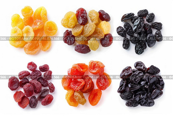 Colorful dried fruits displayed on white background, offering variety and healthy snacking options. Стоковое AI-изображение, AI-художник Иван Рябоконь / Фотобанк Лори
