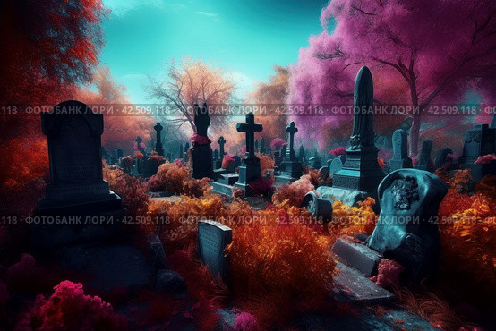 Colorful fantasy cemetery. Generate ai. Стоковое AI-изображение, AI-художник Иван Рябоконь / Фотобанк Лори