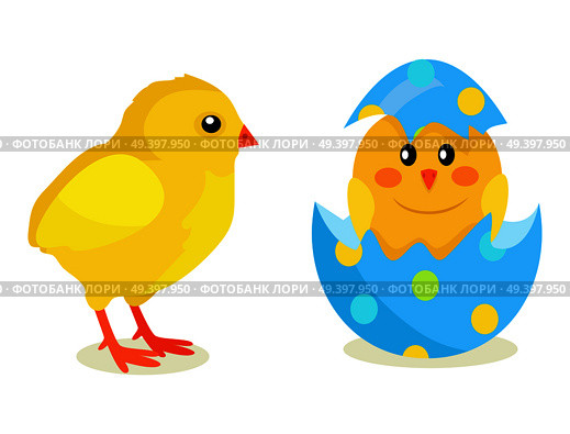 Colorful fluffy spring yellow chicken and newborn chick hatched from shell isolated on white background. Mascots of Easter celebration, symbols of new life vector illustration. Friendly feast animals. Chicken and Newborn Chick Hatch from Shell Vector. Стоковая иллюстрация, агентство Ingram Publishing / Фотобанк Лори