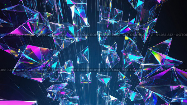 Colorful geometric shapes create a dynamic pattern against a dark background. The scene features various prisms reflecting light in vibrant hues. Стоковое AI-изображение, AI-художник Nart / Фотобанк Лори