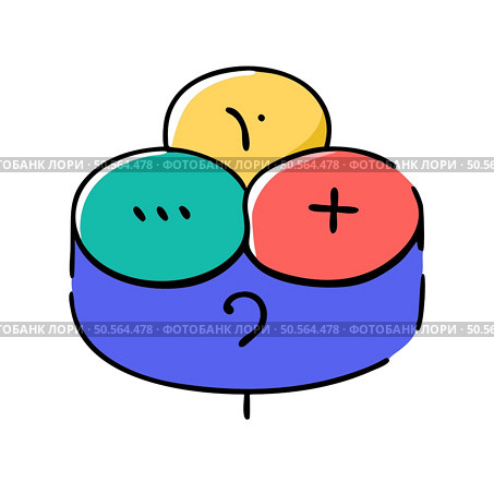 Colorful. hand drawn illustration of a Venn diagram with three overlapping circles. representing concepts or ideas. The circles are labeled with a question mark. plus sign. and three dots. symbolizing various questions and answers. Perfect for presentations. educational materials. and social media. Стоковая иллюстрация, агентство Ingram Publishing / Фотобанк Лори
