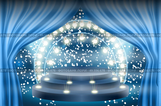 Colorful illuminated podium for awards and performances illuminated by bright spotlights. Vector illustration. EPS10. Colorful illuminated podium for awards and performances illuminated by bright spotlights. Vector illustration. Стоковая иллюстрация, агентство Ingram Publishing / Фотобанк Лори