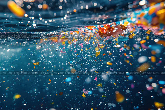 Colorful microplastic particles in sea water, environmental pollution concept. Стоковое AI-изображение, AI-художник Евгений Харитонов / Фотобанк Лори