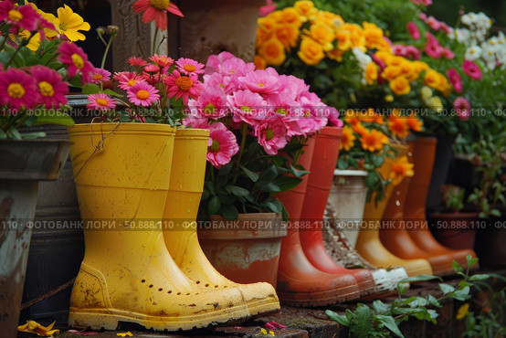 Colorful rain boots repurposed as flower pots bringing vibrancy to garden. Стоковое AI-изображение, AI-художник Иван Рябоконь / Фотобанк Лори