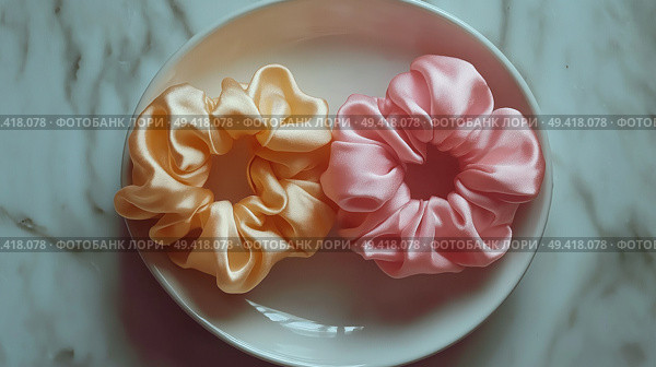 Colorful satin scrunchies displayed on a white plate with draped fabric. Разноцветные атласные резинки на белой тарелке с драпировкой из ткани. Стоковое AI-изображение, AI-художник Katsiaryna Repich / Фотобанк Лори