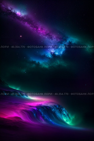 Colorful space landscape of a planet in a distant star system. Generative AI. Стоковое AI-изображение, AI-художник Mixail59 / Фотобанк Лори