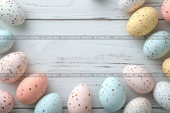 Colorful Speckled Eggs Arranged on a Rustic Wooden Surface for a Festive Spring Celebration. Стоковое AI-изображение, AI-художник Юлия Гапеенко / Фотобанк Лори