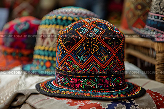 Colorful traditional central asian skullcap embroidered with beads and colorful thread. Стоковое AI-изображение, AI-художник Иван Рябоконь / Фотобанк Лори
