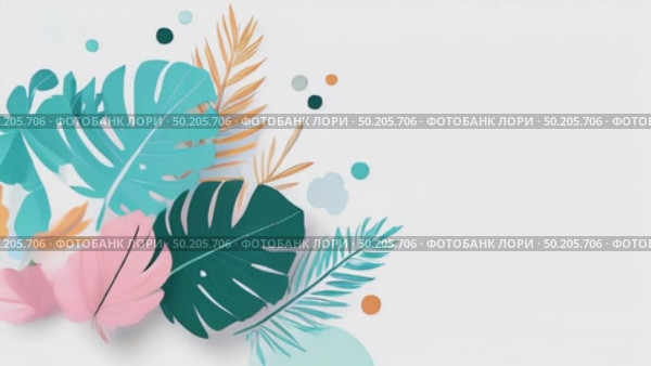 Colorful tropical leaves in various shapes and sizes, featuring shades of green, pink, and white, creating a vibrant and lively botanical illustration with a soft background. Стоковое AI-видео, аниматор Ирина Ручушкина / Фотобанк Лори