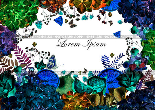 Colorful watercolor greeting card or wedding invitation. From hydrangea flower, rose, peony, eustomiya and fruits oranges, figs, raspberries. Illustrations.. Colorful watercolor greeting card or wedding invitation. From hydrangea flower, rose, peony, eustomiya and fruits oranges, figs, raspberries. . Стоковое фото, агентство Ingram Publishing / Фотобанк Лори