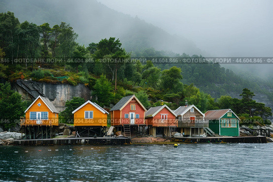 Colorful waterside cabins in misty nordic landscape. Стоковое AI-изображение, AI-художник Иван Рябоконь / Фотобанк Лори