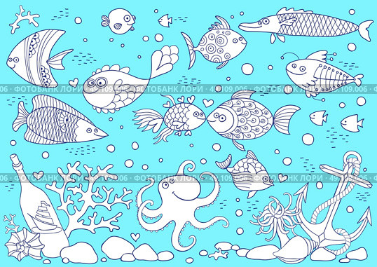 Coloring of underwater world. Aquarium with fish, octopus, corals, anchor, shells, stones, bottle with sailboat. Vector illustration. Стоковая иллюстрация, агентство Ingram Publishing / Фотобанк Лори