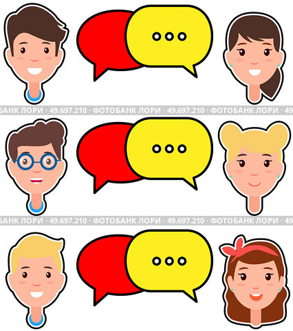 Communication chat, speech bubble icon. People communicate in social network or messenger. Virtual account, user profile symbol vector illustration. App for chatting and mailing design element. Communication chat, speech bubble and avatar icon. People communicate in social network or messenger. Стоковая иллюстрация, агентство Ingram Publishing / Фотобанк Лори