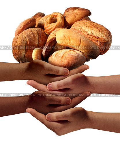 Community feed the poor assistance concept with a group of charitable hands representing diverse groups of people cooperating together to provide bread or food to the hungry and needy of society. Стоковое фото, агентство Ingram Publishing / Фотобанк Лори