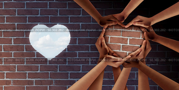 Community Solution and social work success giving hope to diverse communities and people joining together to open opportunity as a reopening symbol of love in a 3D illustration style. Стоковое фото, агентство Ingram Publishing / Фотобанк Лори