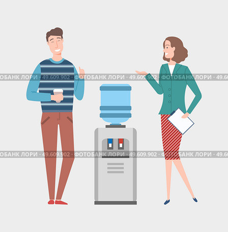 Company colleagues at work vector, break and free time, man and woman talking on different themes, water cooler in office. Woman with document page. Woman and Man at Work, Colleagues at Break Talking. Стоковая иллюстрация, агентство Ingram Publishing / Фотобанк Лори