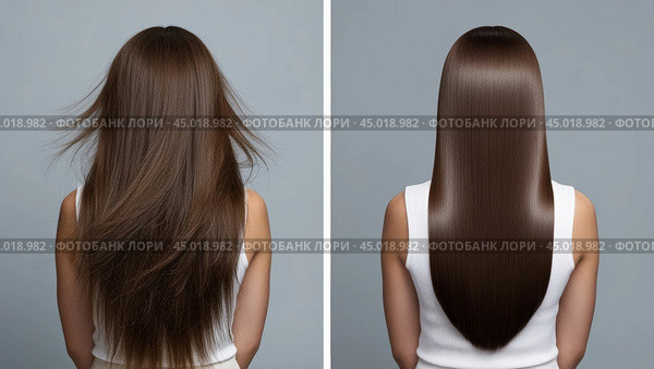 Comparison of frizzy and smooth straight hair. Стоковое AI-изображение, AI-художник Андрей Бакусов / Фотобанк Лори