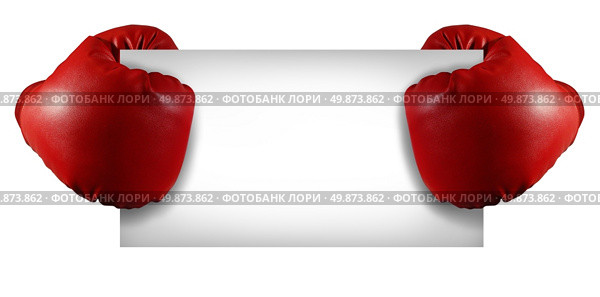 Competition sign with two red boxing gloves holding a blank white card as a business symbol of competitive sales or  an important announcement day special isolated on white. Стоковое фото, агентство Ingram Publishing / Фотобанк Лори