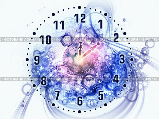 Composition of gears, clock elements, dials and dynamic swirly lines as a concept metaphor on subject of scheduling, temporal and time related processes, deadlines, progress, past, present and future. Стоковое фото, агентство Ingram Publishing / Фотобанк Лори