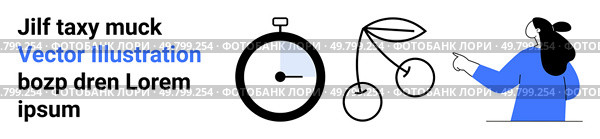 Composition with assorted elements including text, stopwatch, cherry, and person pointing at text. Ideal for, education, design, business, marketing, presentations, websites, and social media posts. Engaging Graphic Elements for Creative Projects and Presentations. Стоковая иллюстрация, агентство Ingram Publishing / Фотобанк Лори