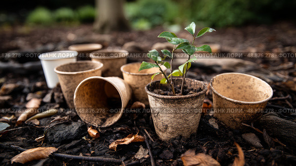 Compostable coffee cups breaking down in soil. Recycling of waste, zero waste production, preservation of the ecology of the Earth. Стоковое AI-изображение, AI-художник ALLA YURTAYEVA / Фотобанк Лори
