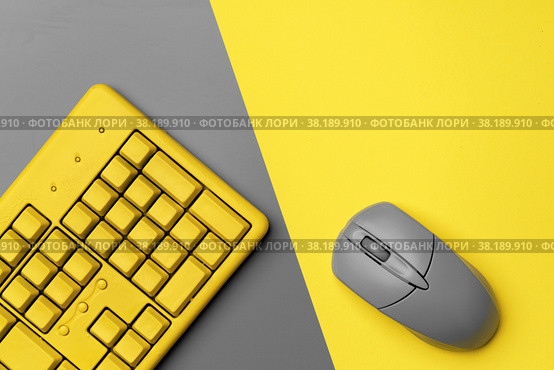 Computer keyboard and mouse in yellow gray colors. Стоковое фото, фотограф Сергей Толмачёв / Фотобанк Лори