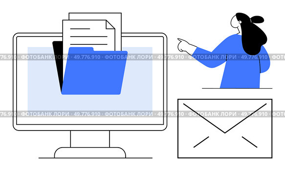Computer monitor with a folder and documents, a woman pointing, and an envelope icon. Ideal for office organization, digital document management, communication, email handling, and productivity. Digitally Managing Documents With Computer Monitor, Folder, Paper, and Woman Pointing. Стоковая иллюстрация, агентство Ingram Publishing / Фотобанк Лори