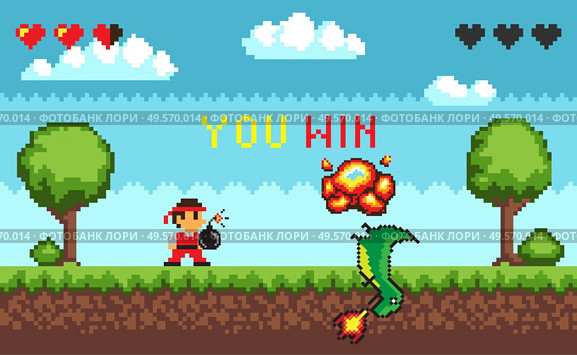 Computer pixel game interface, pixalated personage holding bomb standing near defeated dinosaur with fire, 8 bit portrait view of fight monster and character, hero battle in video-game, you win duel. Hero Battle in Pixel Video Game. Стоковая иллюстрация, агентство Ingram Publishing / Фотобанк Лори