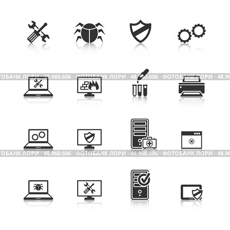 Computer repair and maintain internet security services black icons collection with antivirus shield abstract isolated vector illustration. Стоковая иллюстрация, агентство Ingram Publishing / Фотобанк Лори