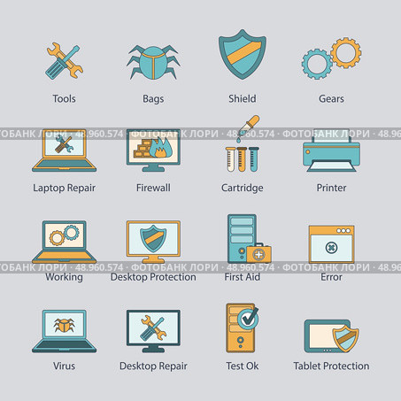 Computer repair and virus malware removal network protection service flat line icons collection abstract isolated vector illustration. Стоковая иллюстрация, агентство Ingram Publishing / Фотобанк Лори
