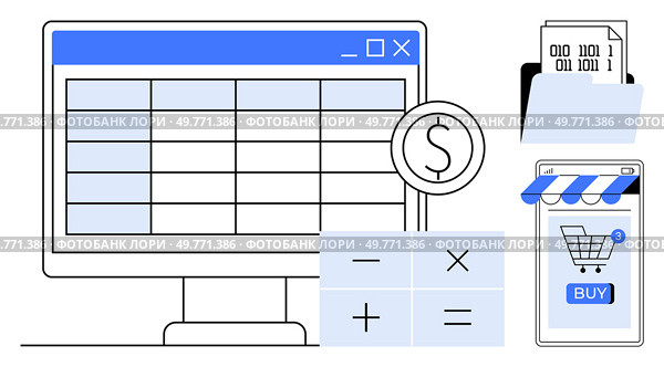 Computer screen with spreadsheet, shopping cart on smartphone, and calculator symbols. Ideal for finance, e-commerce, accounting, budgeting, financial planning themes. Modern clean style. Light blue. Computer Screen with Spreadsheet, Shopping Cart on Smartphone, and Calculator Icons. Стоковая иллюстрация, агентство Ingram Publishing / Фотобанк Лори