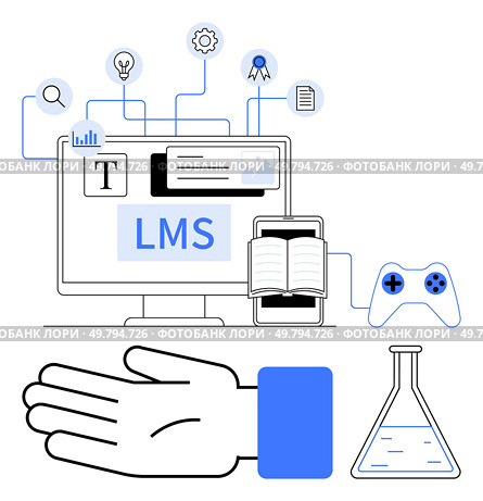 Computer with LMS interface, open book, game controller, hand, and chemistry flask. Ideal for education, online learning, e-learning technology interactivity gamification science. Line metaphor. Learning Management System with Hands-On Interaction, Online Tools, and Gamification Elements. Стоковая иллюстрация, агентство Ingram Publishing / Фотобанк Лори