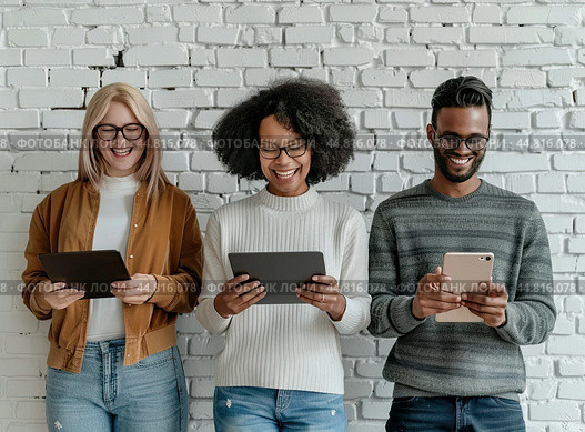 Concentrated multi-ethnic young people using tablets near the wall. Стоковое AI-изображение, AI-художник Ярославский Максим / Фотобанк Лори