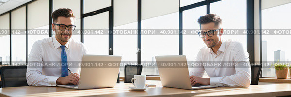 Concentrated two businessmen at table, involved in serious negotiations or contract discussion in office. Focused male ceo executive manager communicating with partner or client, banner. Generative AI. Стоковое AI-изображение, AI-художник Sergey Grishin / Фотобанк Лори