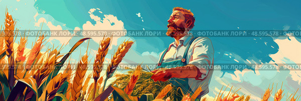 Concept: Agriculture landscape. Illustrative scene of a farmer holding wheat crop, against a sky with clouds. Стоковое AI-изображение, AI-художник Данила Большаков / Фотобанк Лори