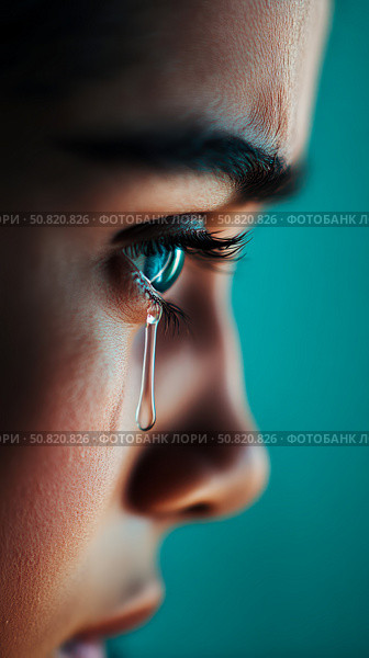 Concept: Expression of Sorrow: Portrait of a Crying Person with a Single Tear Rolling Down. Стоковое AI-изображение, AI-художник Данила Большаков / Фотобанк Лори
