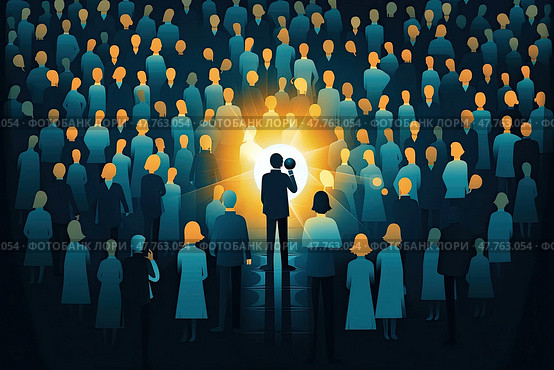 Concept of finding professional human resources. Recruiter is looking with flashlight in crowd for talented employees to hire. Стоковое AI-изображение, AI-художник Данила Большаков / Фотобанк Лори