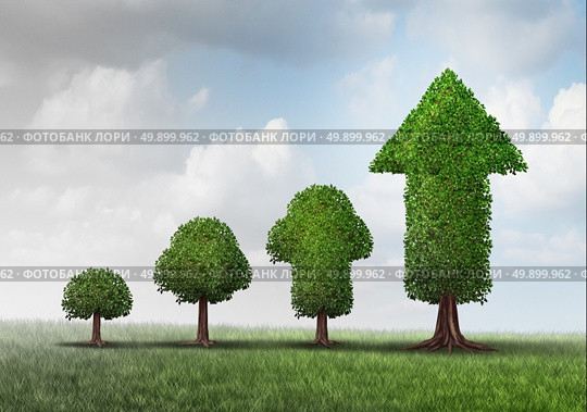 Concept of growing success as a group of trees developing from a small start to a successful finnish as a tree shaped as an arrow with 3D illustration elements as a business metaphor for investment maturity. Стоковое фото, агентство Ingram Publishing / Фотобанк Лори
