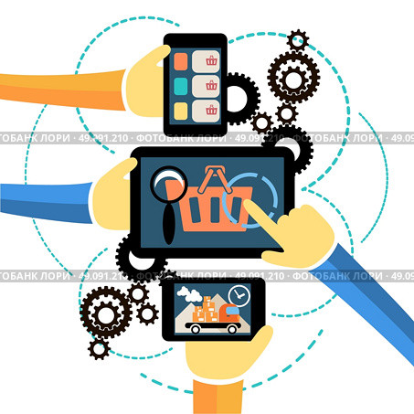 Concept of interconnection business processes, abstract design of gearwheel mechanism of modern devices. Online shopping. Стоковая иллюстрация, агентство Ingram Publishing / Фотобанк Лори