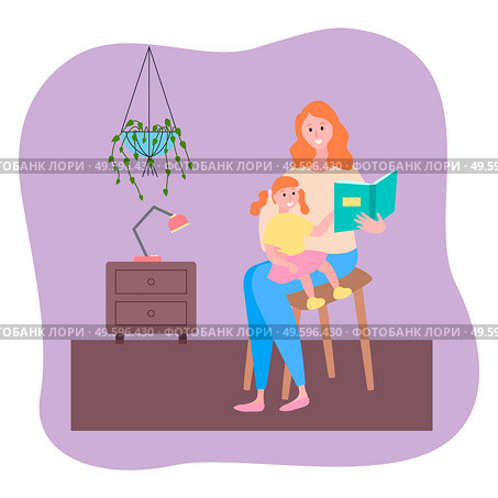 Concept of mother and daughter relationships, parenthood. Mommy sitting at chair in room and reading book. Little girl sitting on knees and listening fairy tail. Friendship of girl and mother. Mother reading book her little daughter sitting on knees, motherhood or maternity, leisure time. Стоковая иллюстрация, агентство Ingram Publishing / Фотобанк Лори