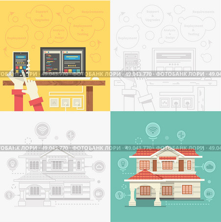 Concept of smart home and control device. Technology device, system mobile automation, monitoring energy power, electricity efficiency, equipment temperature, smart house, remote thermostat. Стоковая иллюстрация, агентство Ingram Publishing / Фотобанк Лори